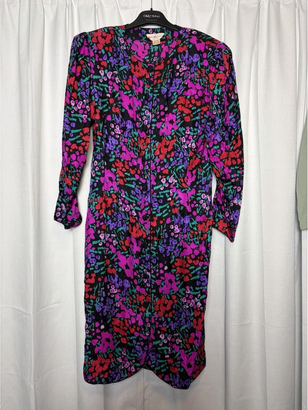 Jack Mulqueen Vintage 1980s Floral Multicolor Print Button Down Silk Dress S/M